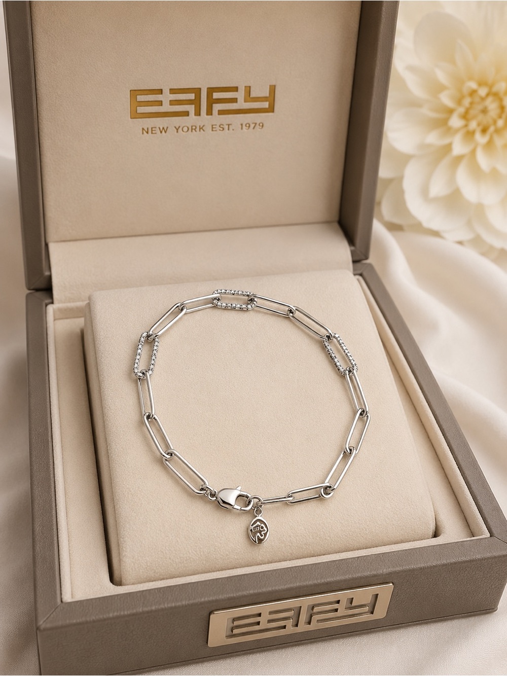 Effy Silver Paperclip Link 925 Sterling Silver Bracelet with Pavé Links